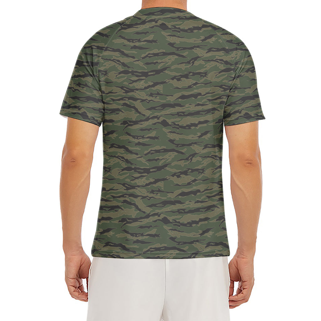 Green Tiger Stripe Camouflage Print Men's Short Sleeve Rash Guard