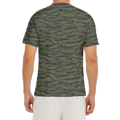 Green Tiger Stripe Camouflage Print Men's Short Sleeve Rash Guard