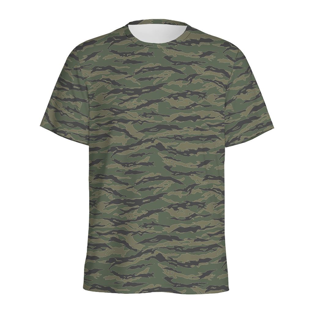 Green Tiger Stripe Camouflage Print Men's Sports T-Shirt
