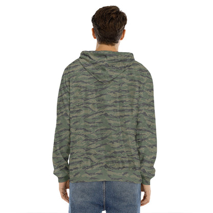 Green Tiger Stripe Camouflage Print Men's Velvet Pullover Hoodie