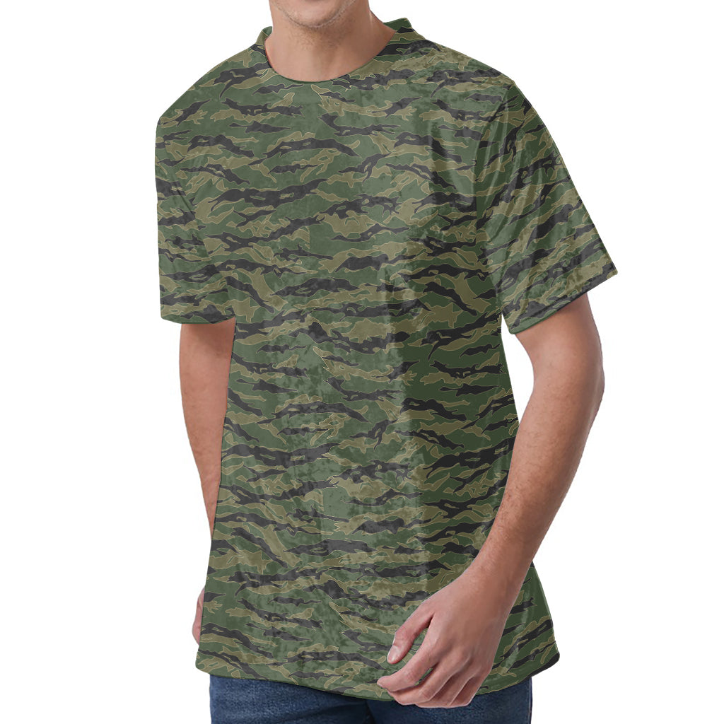 Green Tiger Stripe Camouflage Print Men's Velvet T-Shirt