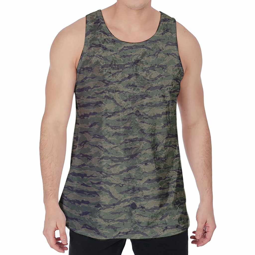 Green Tiger Stripe Camouflage Print Men's Velvet Tank Top