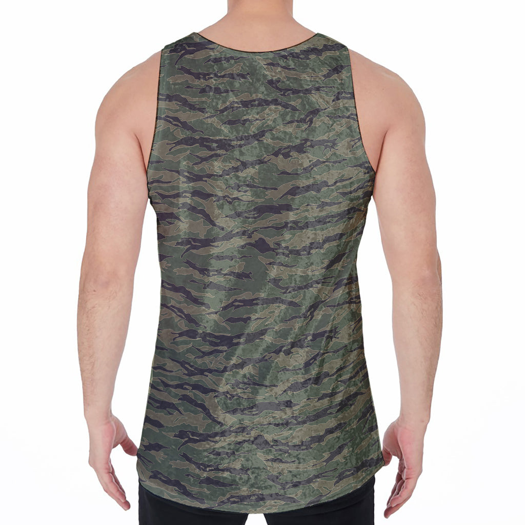 Green Tiger Stripe Camouflage Print Men's Velvet Tank Top