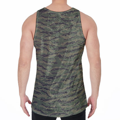 Green Tiger Stripe Camouflage Print Men's Velvet Tank Top