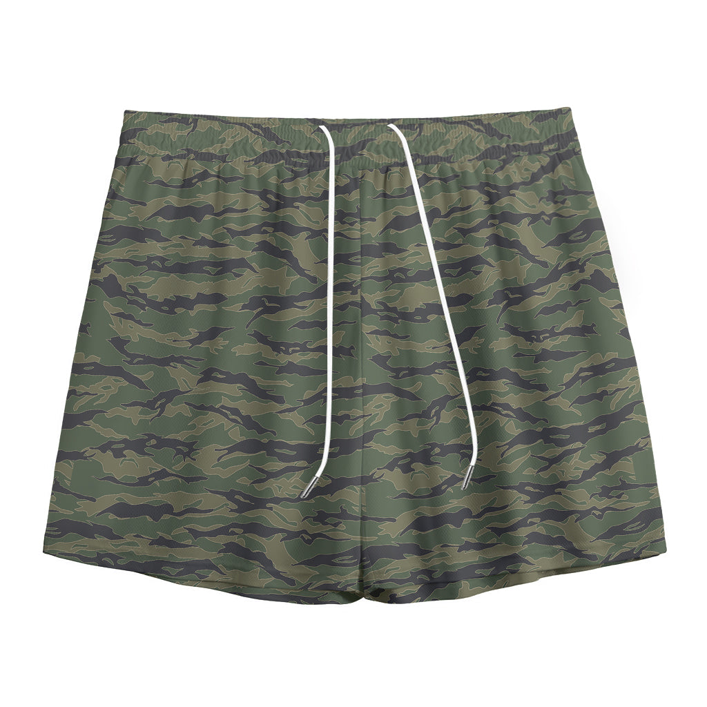 Green Tiger Stripe Camouflage Print Mesh Shorts