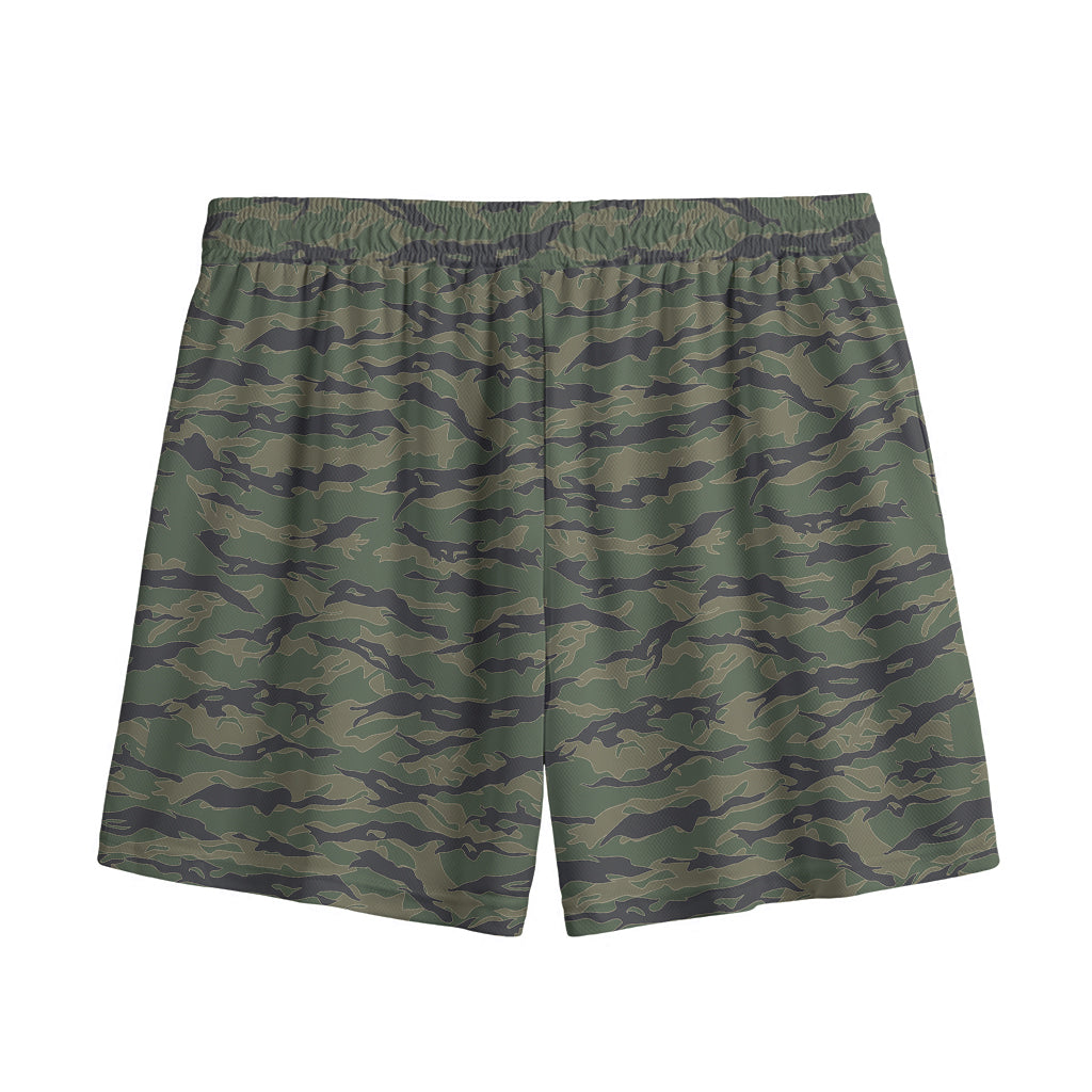 Green Tiger Stripe Camouflage Print Mesh Shorts