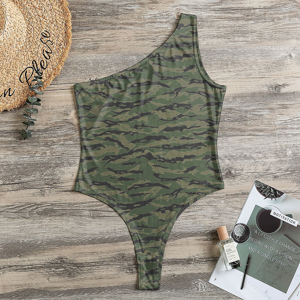 Green Tiger Stripe Camouflage Print One Shoulder Bodysuit