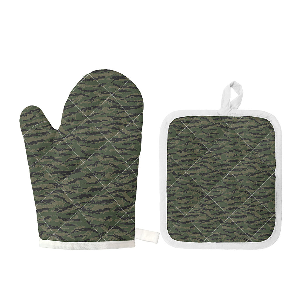 Green Tiger Stripe Camouflage Print Oven Mitt And Pot Holder Set