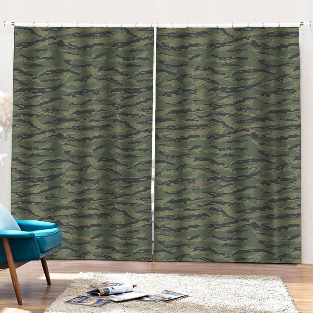 Green Tiger Stripe Camouflage Print Pencil Pleat Curtains