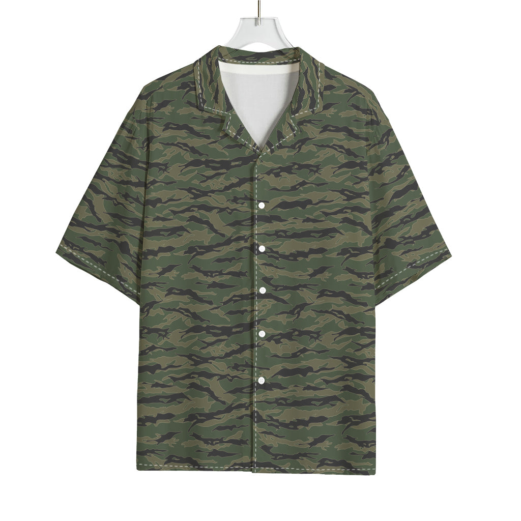 Green Tiger Stripe Camouflage Print Rayon Hawaiian Shirt