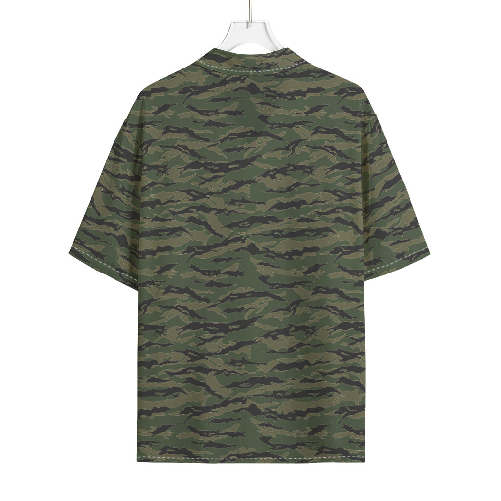 Green Tiger Stripe Camouflage Print Rayon Hawaiian Shirt