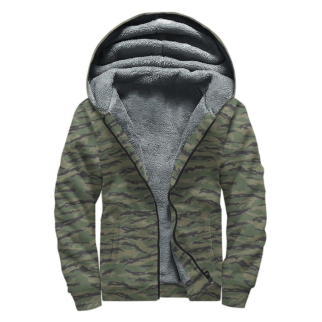 Green Tiger Stripe Camouflage Print Sherpa Lined Zip Up Hoodie