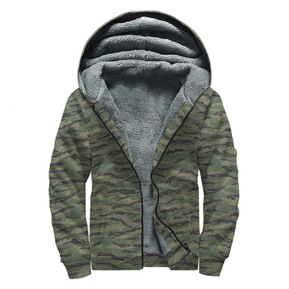 Green Tiger Stripe Camouflage Print Sherpa Lined Zip Up Hoodie
