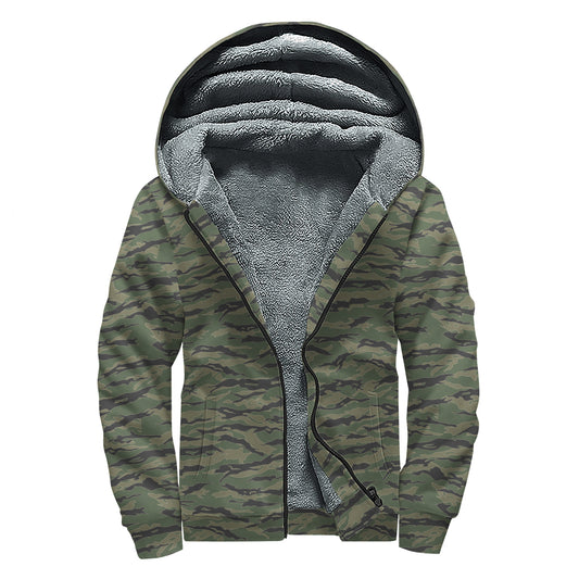 Green Tiger Stripe Camouflage Print Sherpa Lined Zip Up Hoodie