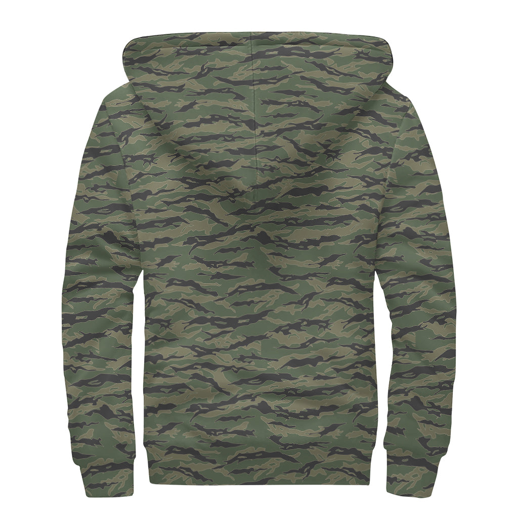 Green Tiger Stripe Camouflage Print Sherpa Lined Zip Up Hoodie