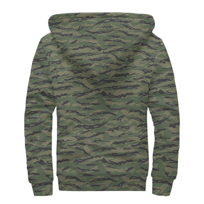 Green Tiger Stripe Camouflage Print Sherpa Lined Zip Up Hoodie