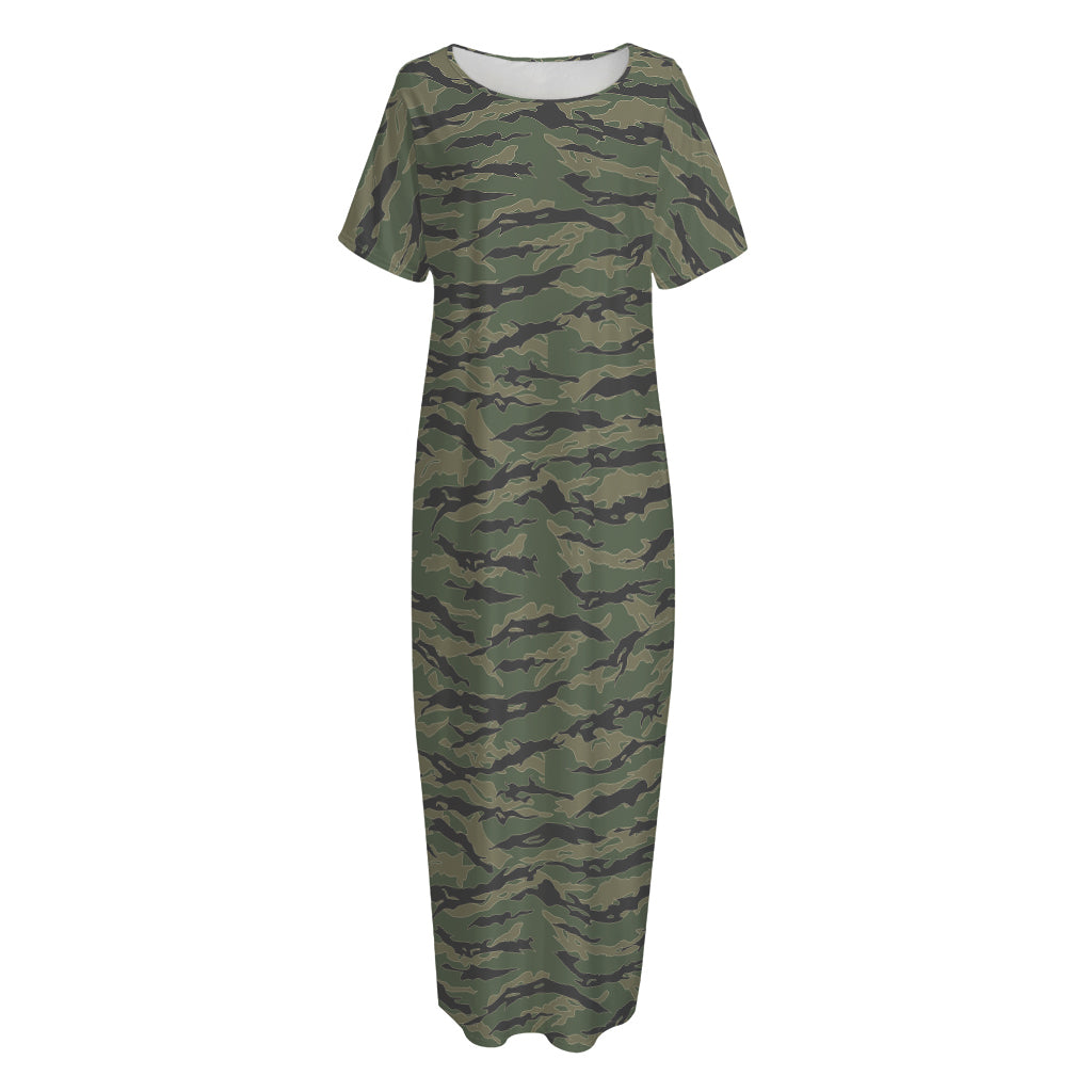 Green Tiger Stripe Camouflage Print Short Sleeve Long Nightdress
