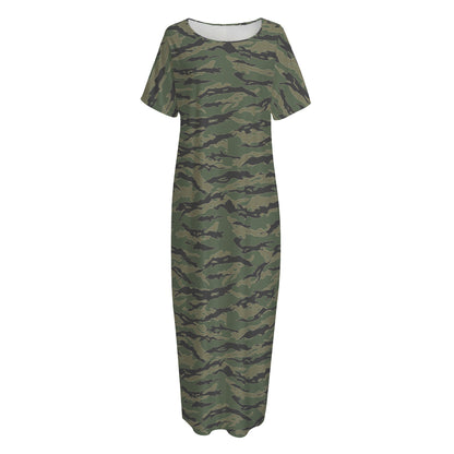 Green Tiger Stripe Camouflage Print Short Sleeve Long Nightdress