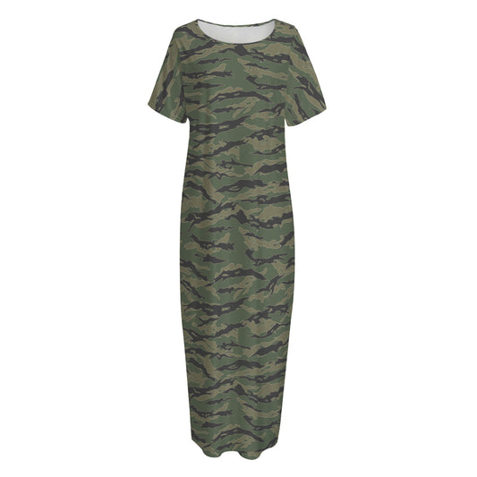 Green Tiger Stripe Camouflage Print Short Sleeve Long Nightdress