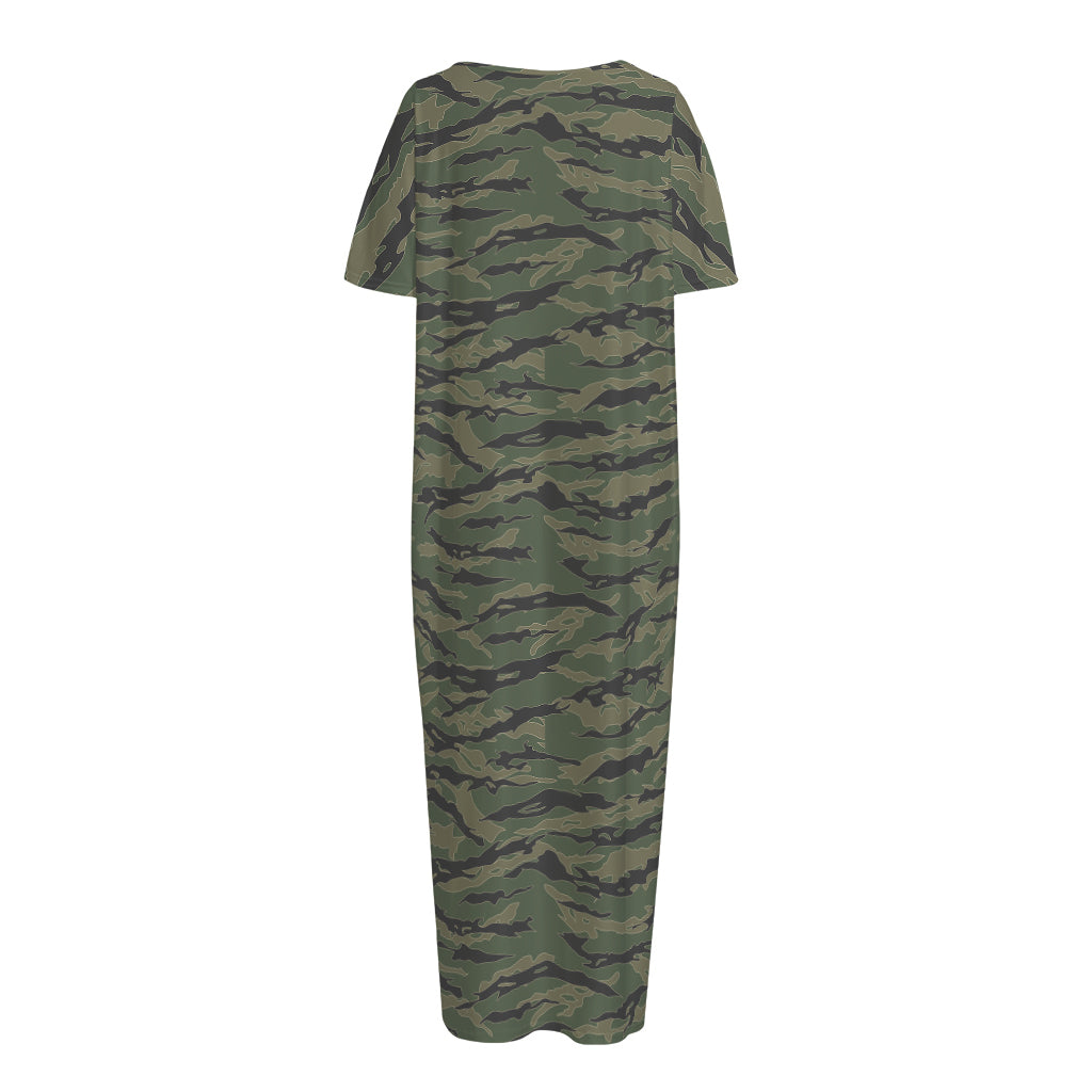 Green Tiger Stripe Camouflage Print Short Sleeve Long Nightdress