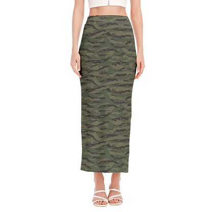 Green Tiger Stripe Camouflage Print Side Slit Maxi Skirt