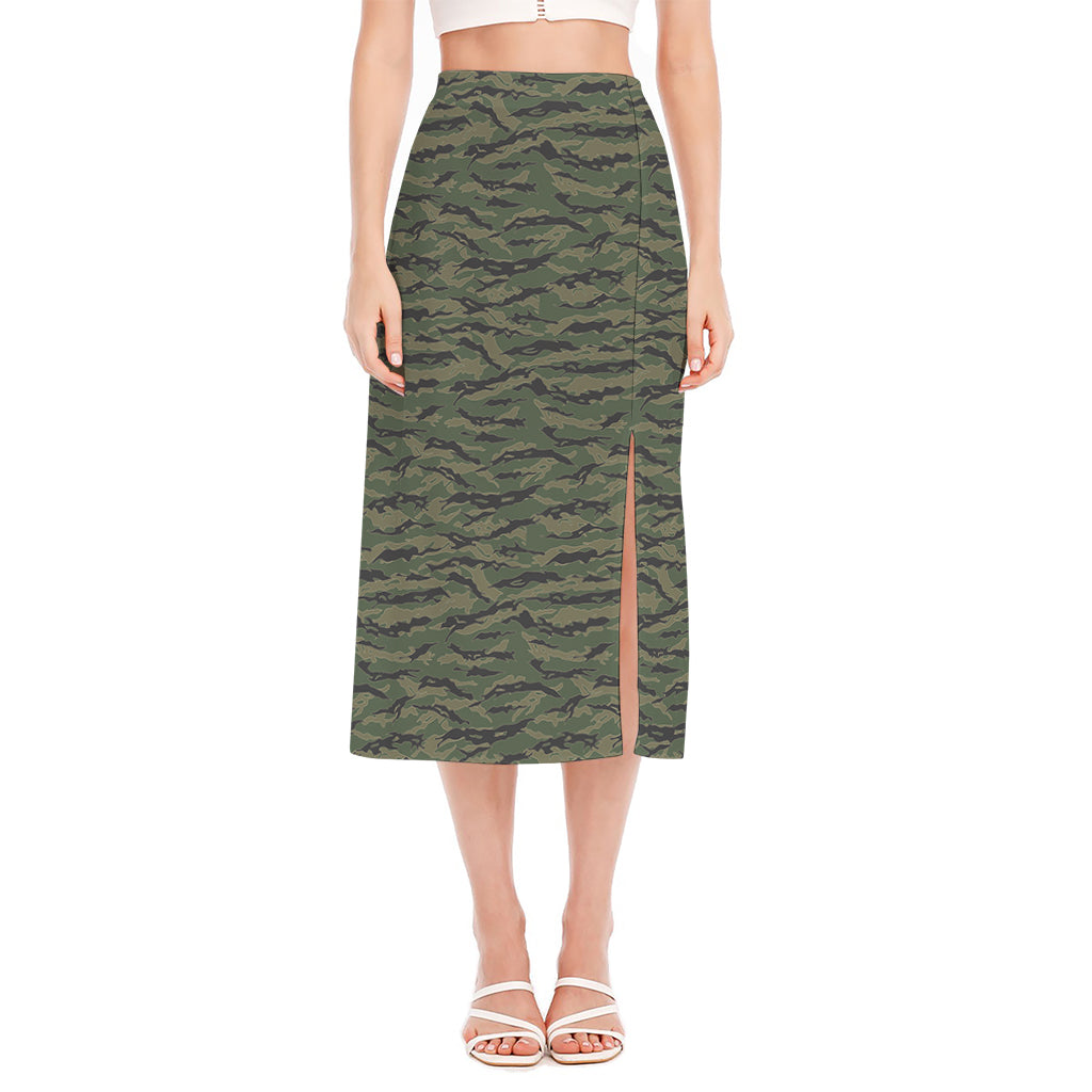 Green Tiger Stripe Camouflage Print Side Slit Midi Skirt