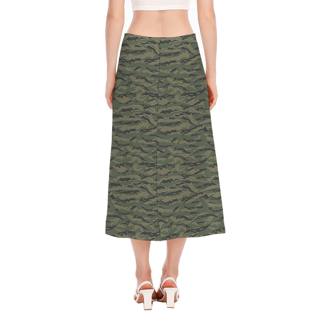 Green Tiger Stripe Camouflage Print Side Slit Midi Skirt