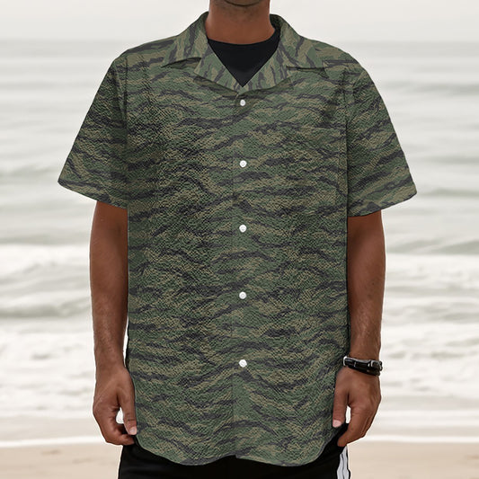 Green Tiger Stripe Camouflage Print Textured Short Sleeve Shirt