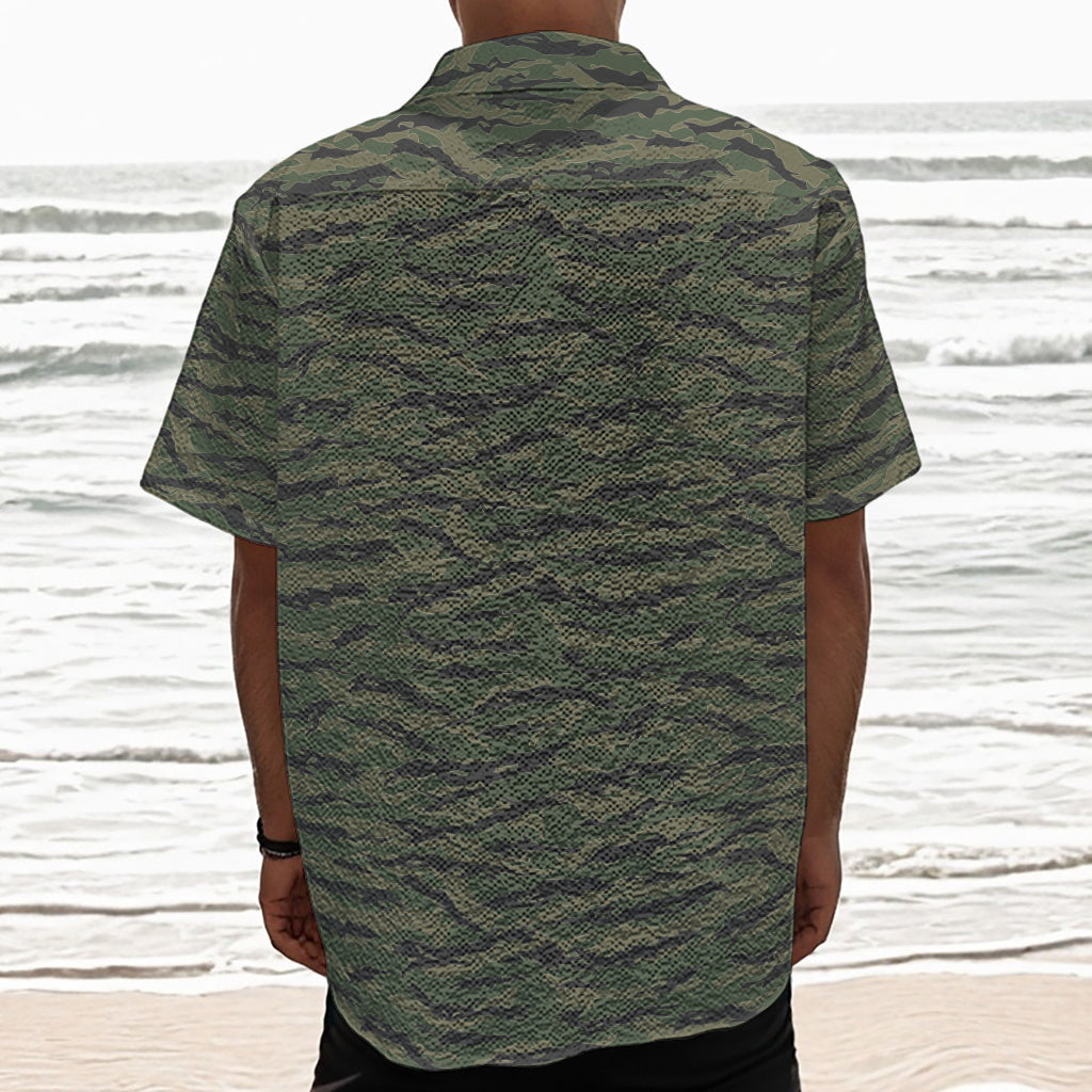 Green Tiger Stripe Camouflage Print Textured Short Sleeve Shirt
