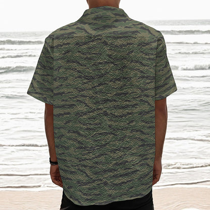 Green Tiger Stripe Camouflage Print Textured Short Sleeve Shirt