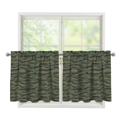 Green Tiger Stripe Camouflage Print Tier Curtains
