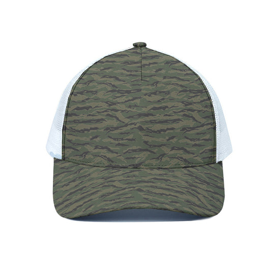 Green Tiger Stripe Camouflage Print White Mesh Trucker Cap