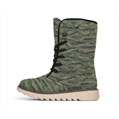 Green Tiger Stripe Camouflage Print Winter Boots
