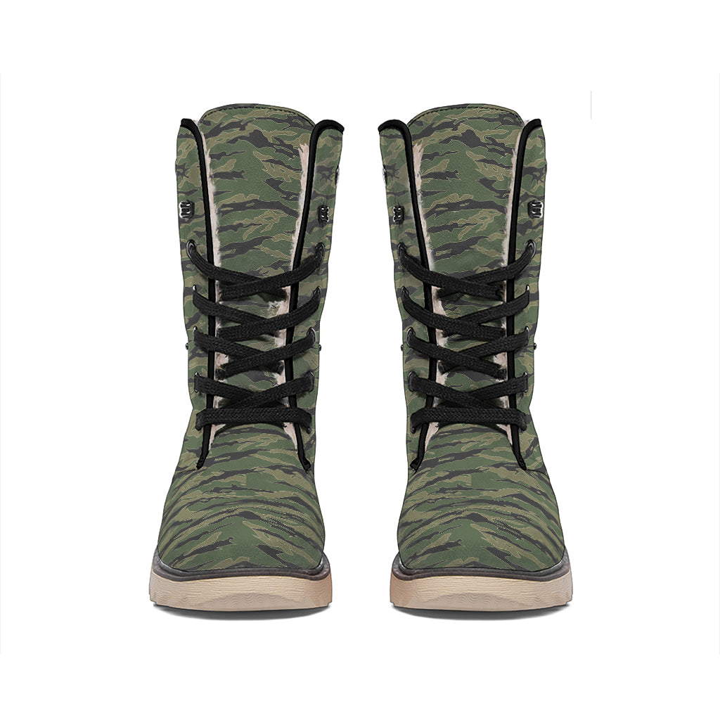 Green Tiger Stripe Camouflage Print Winter Boots
