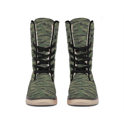 Green Tiger Stripe Camouflage Print Winter Boots