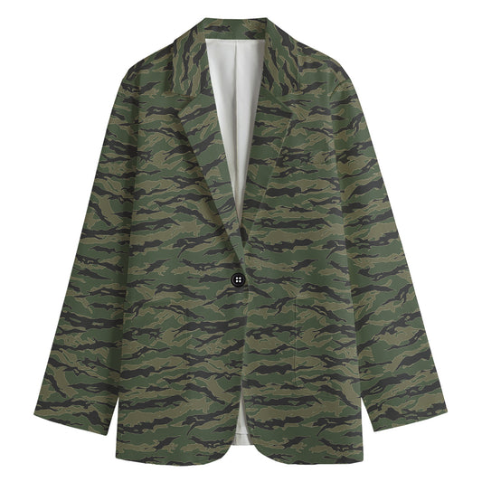 Green Tiger Stripe Camouflage Print Women's Blazer