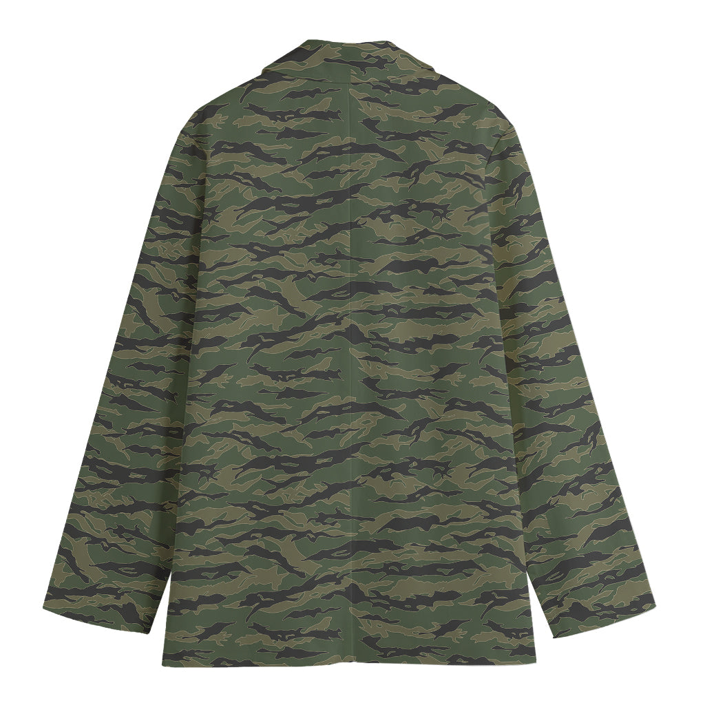 Green Tiger Stripe Camouflage Print Women's Cotton Blazer