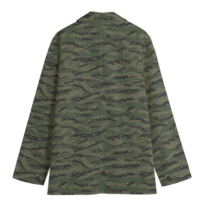 Green Tiger Stripe Camouflage Print Women's Cotton Blazer