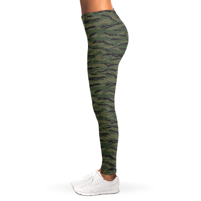 Green Tiger Stripe Camouflage Print Women's Leggings