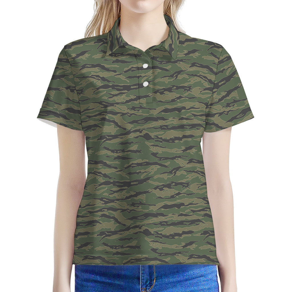 Green Tiger Stripe Camouflage Print Women's Polo Shirt