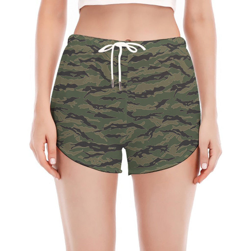 Green Tiger Stripe Camouflage Print Women's Split Running Shorts