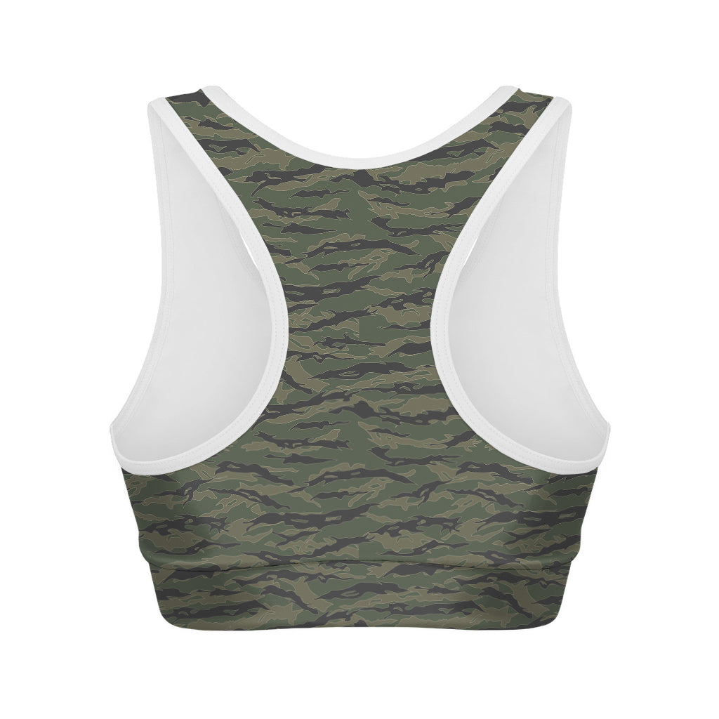 Green Tiger Stripe Camouflage Print Women's Sports Bra