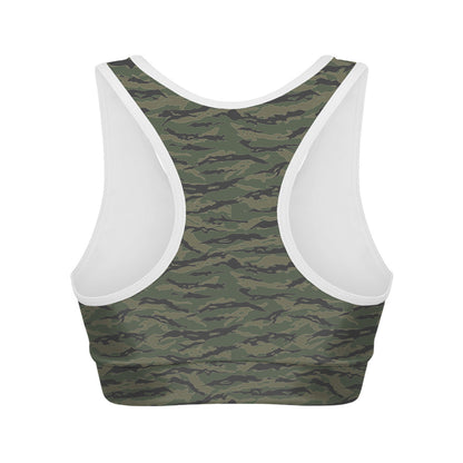 Green Tiger Stripe Camouflage Print Women's Sports Bra