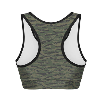 Green Tiger Stripe Camouflage Print Women's Sports Bra