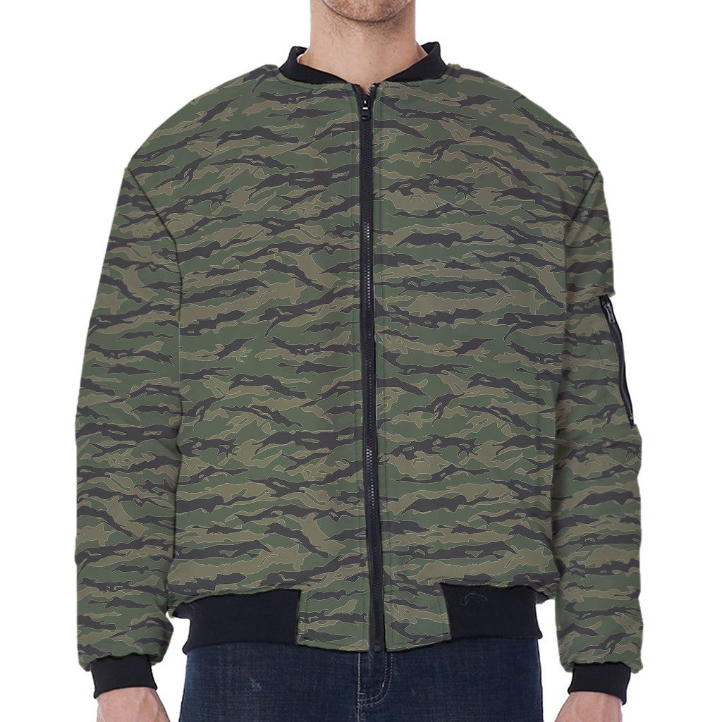 Green Tiger Stripe Camouflage Print Zip Sleeve Bomber Jacket