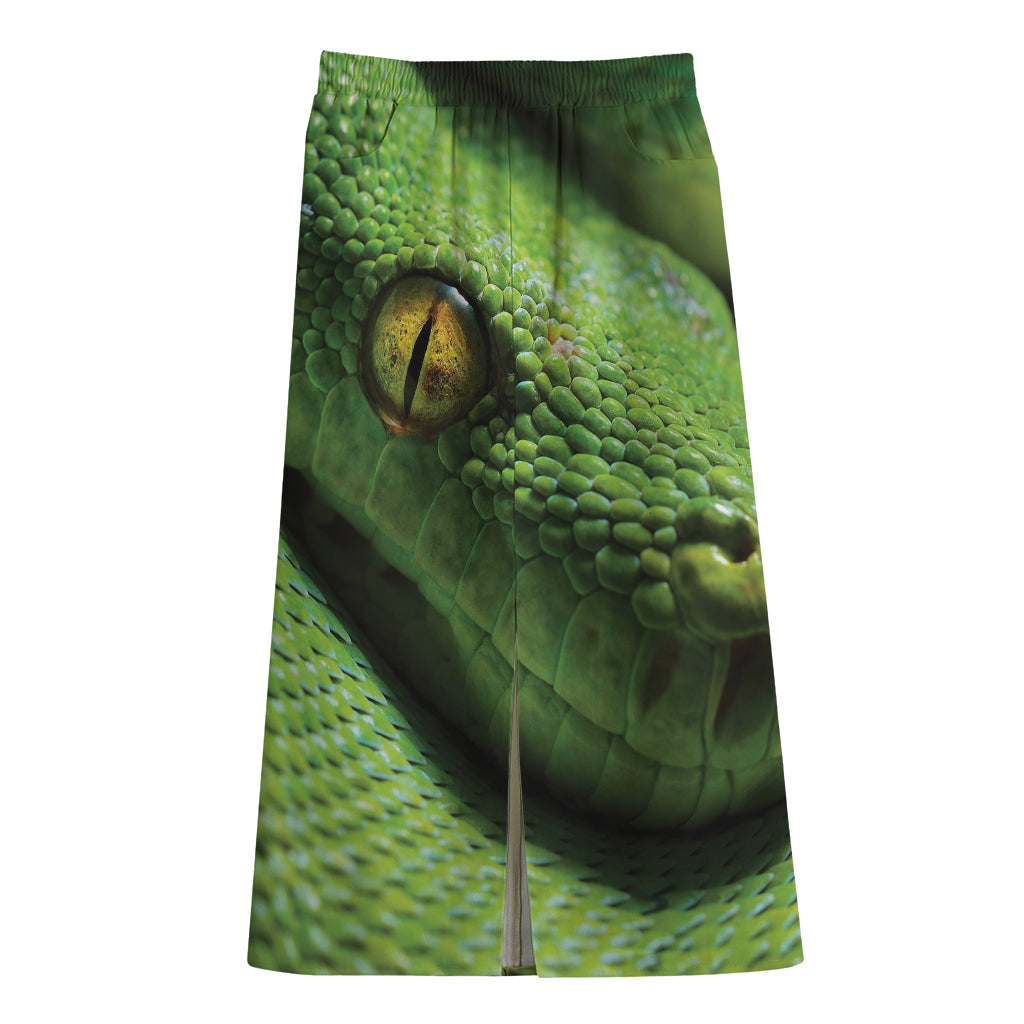 Green Tree Python Snake Print Cotton Front Slit Maxi Skirt