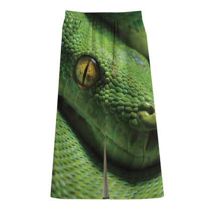 Green Tree Python Snake Print Cotton Front Slit Maxi Skirt
