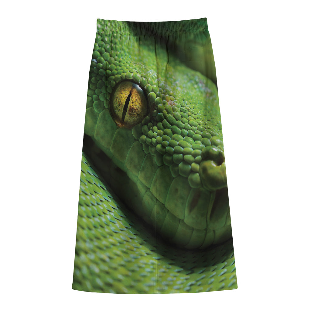 Green Tree Python Snake Print Cotton Front Slit Maxi Skirt