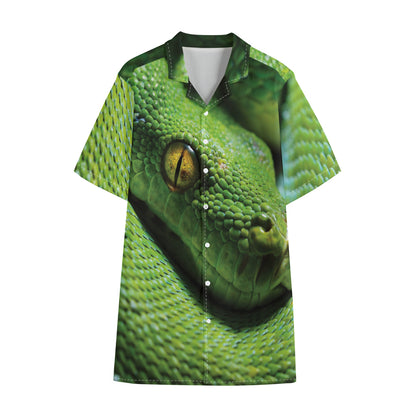 Green Tree Python Snake Print Cotton Hawaiian Shirt