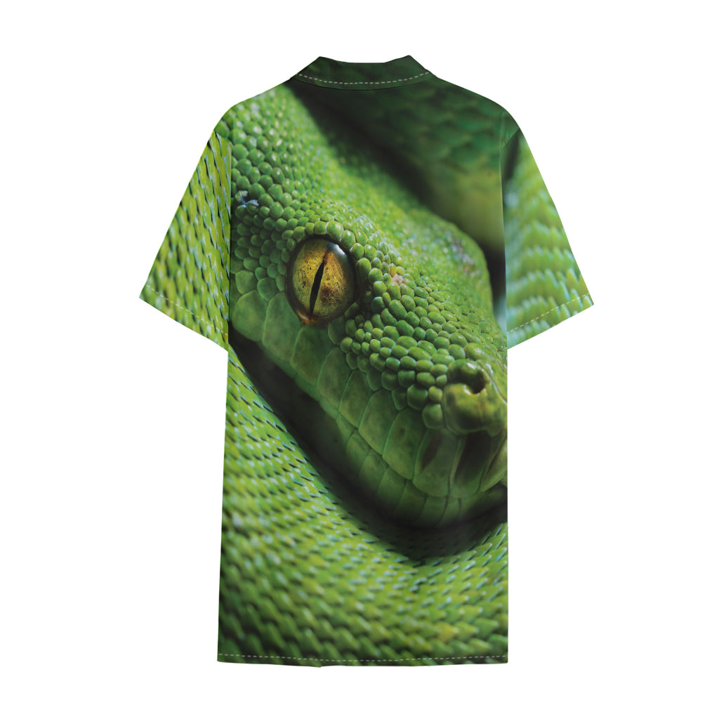 Green Tree Python Snake Print Cotton Hawaiian Shirt
